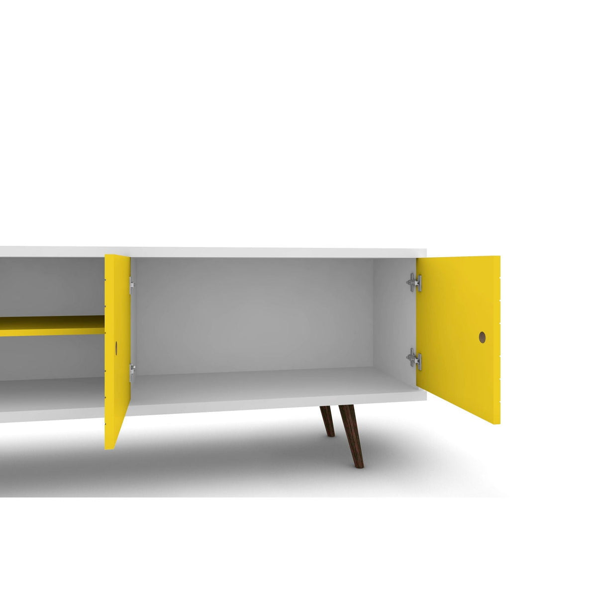 Liberty TV stand with yellow doors, white top, gray interior and splayed wood legs on Tampa Home & Garden Store