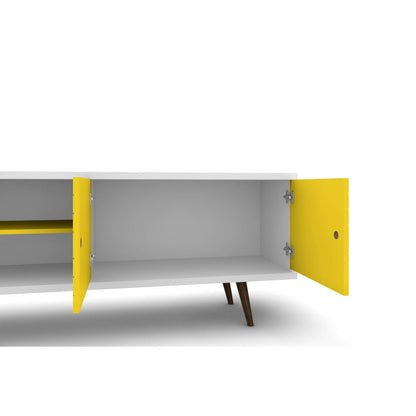 Liberty TV stand with yellow doors, white top, gray interior and splayed wood legs on Tampa Home & Garden Store