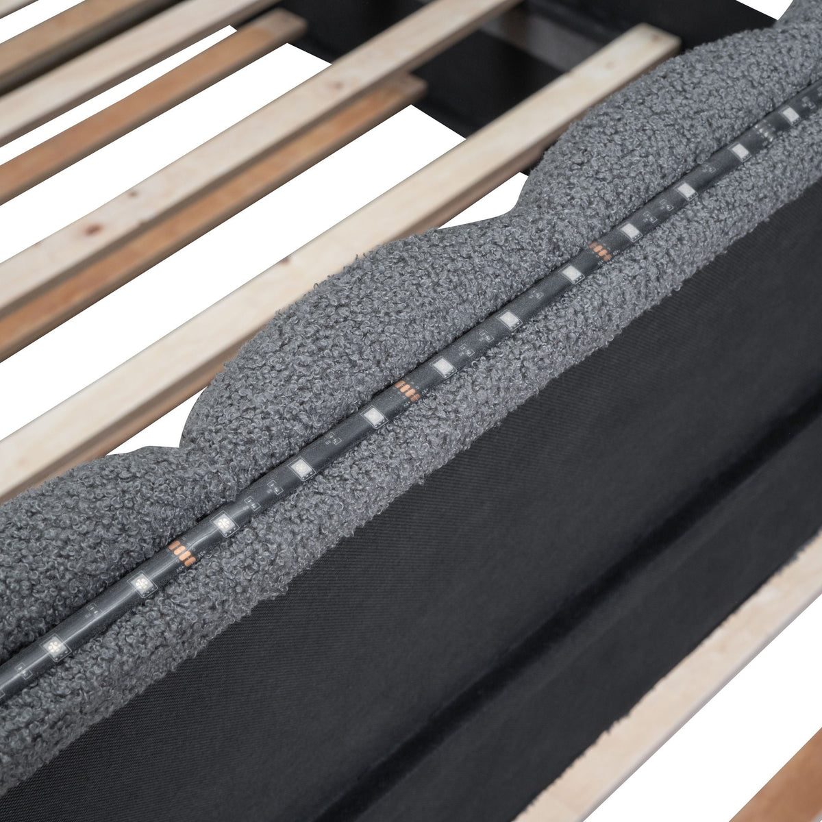 Upholstered platform bed with gray fabric and wood slat foundation, trundle on Tampa Home & Garden Store