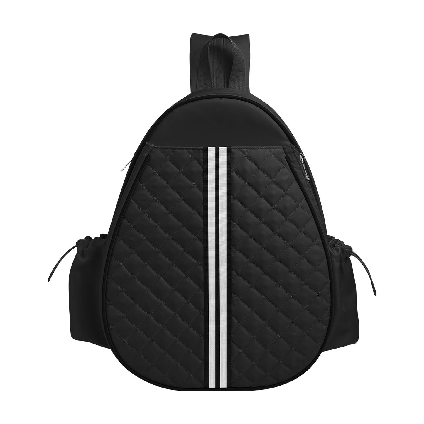 Quilted black pickleball sling bag with white center stripe and side pockets on Tampa Home & Garden Store