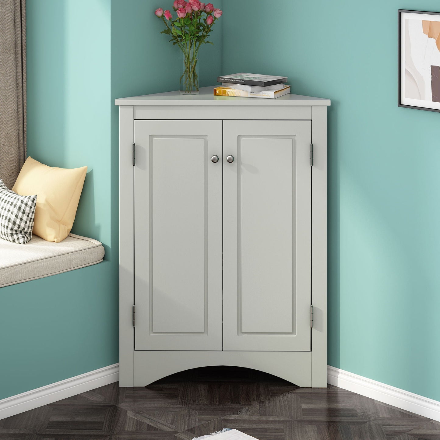 Triangle bathroom storage cabinet by HouseOfZazla; light gray linen, 2-door, adjustable shelves on Tampa Home & Garden Store