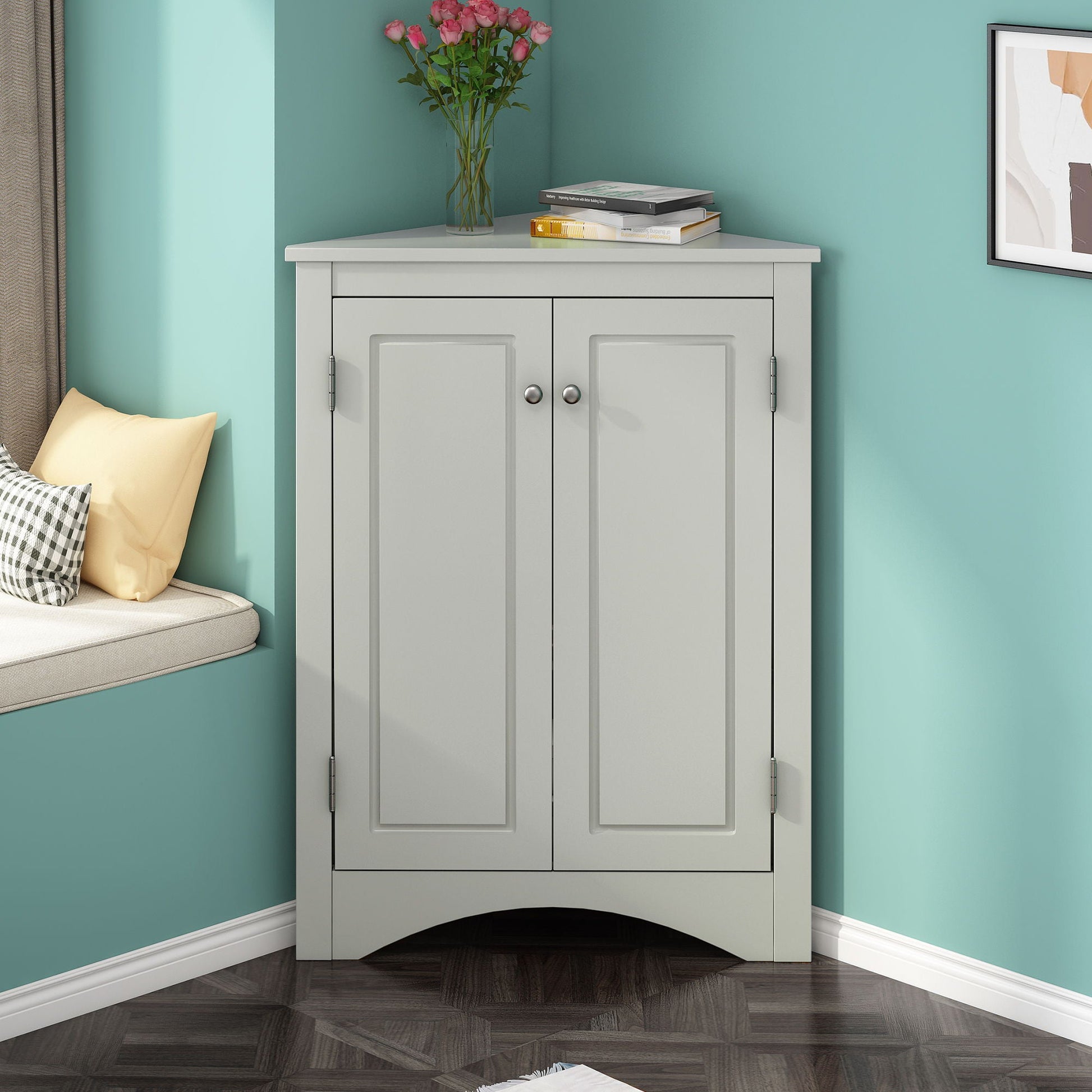 Triangle bathroom storage cabinet by HouseOfZazla; light gray linen, 2-door, adjustable shelves on Tampa Home & Garden Store