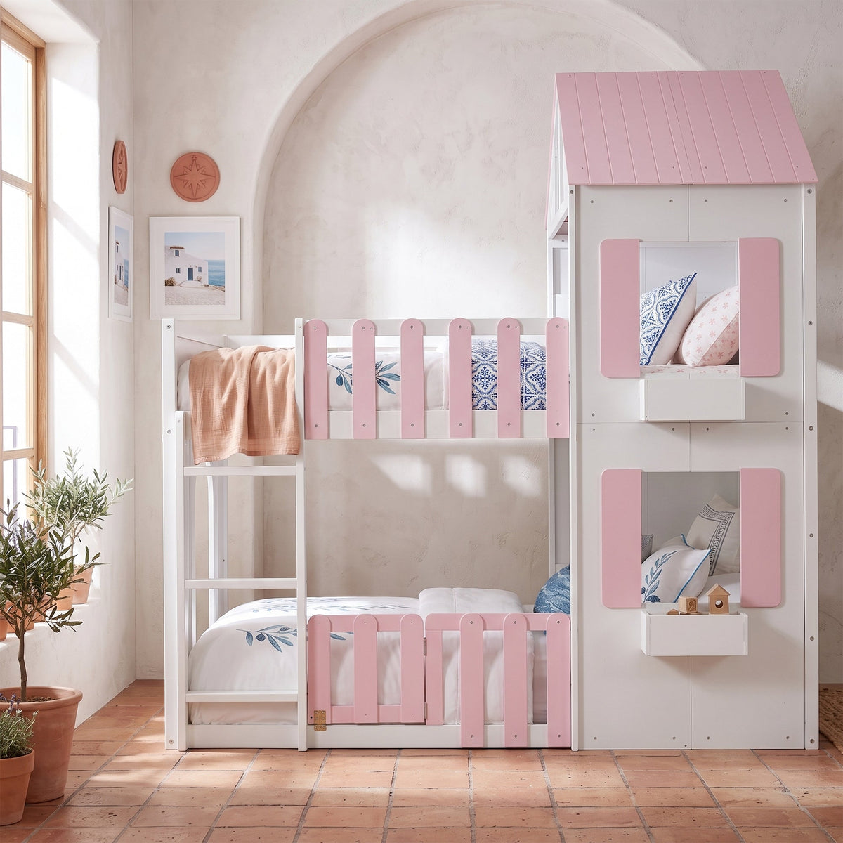 Full over full bunk bed with pink storage accents by HouseOfZazla on Tampa Home & Garden Store