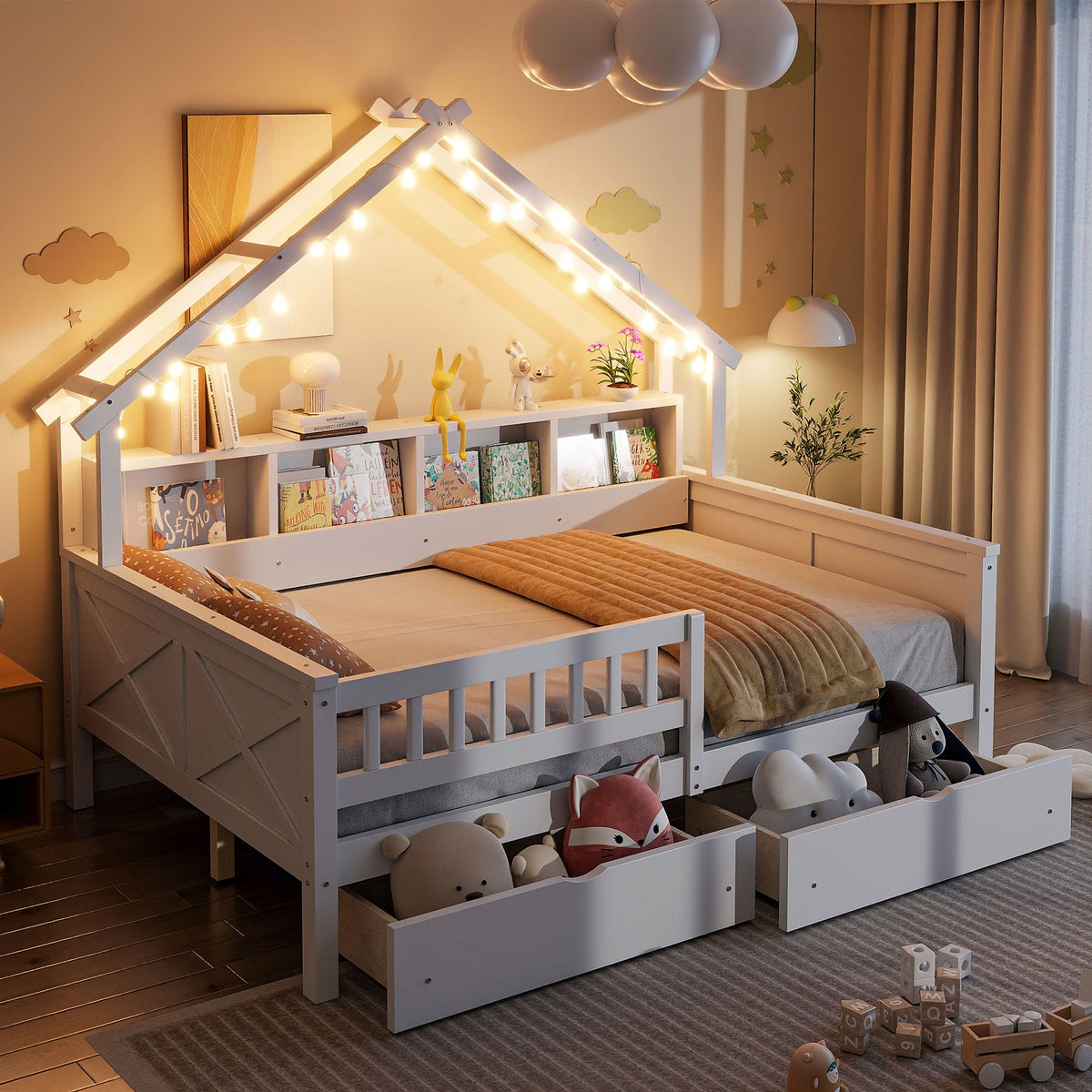House Style Platform Bed with LED Lights, white finish, storage shelves and drawers, guardrails on Tampa Home & Garden Store