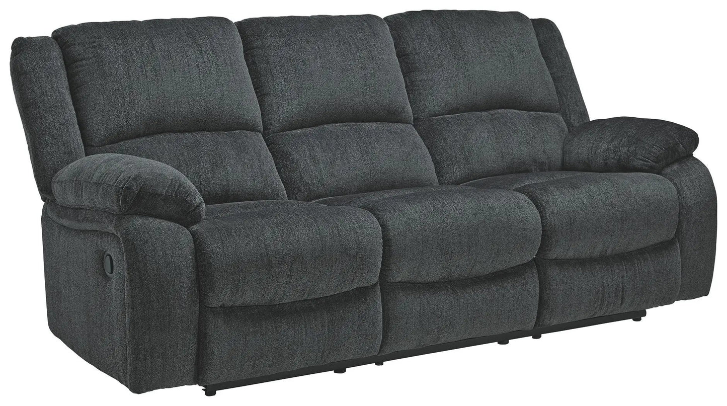Draycoll reclining sofa dark charcoal gray textured fabric three-seat on Tampa Home & Garden Store