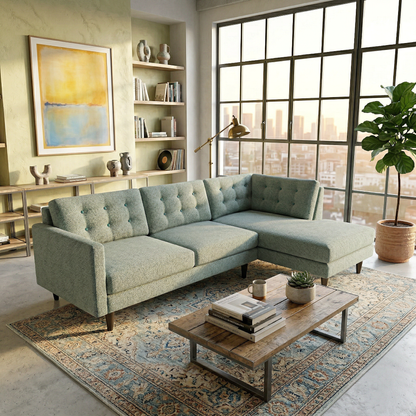 Talmadge Sectional in teal fabric with tufted cushions; USA-made by HouseOfZazla on Tampa Home & Garden Store