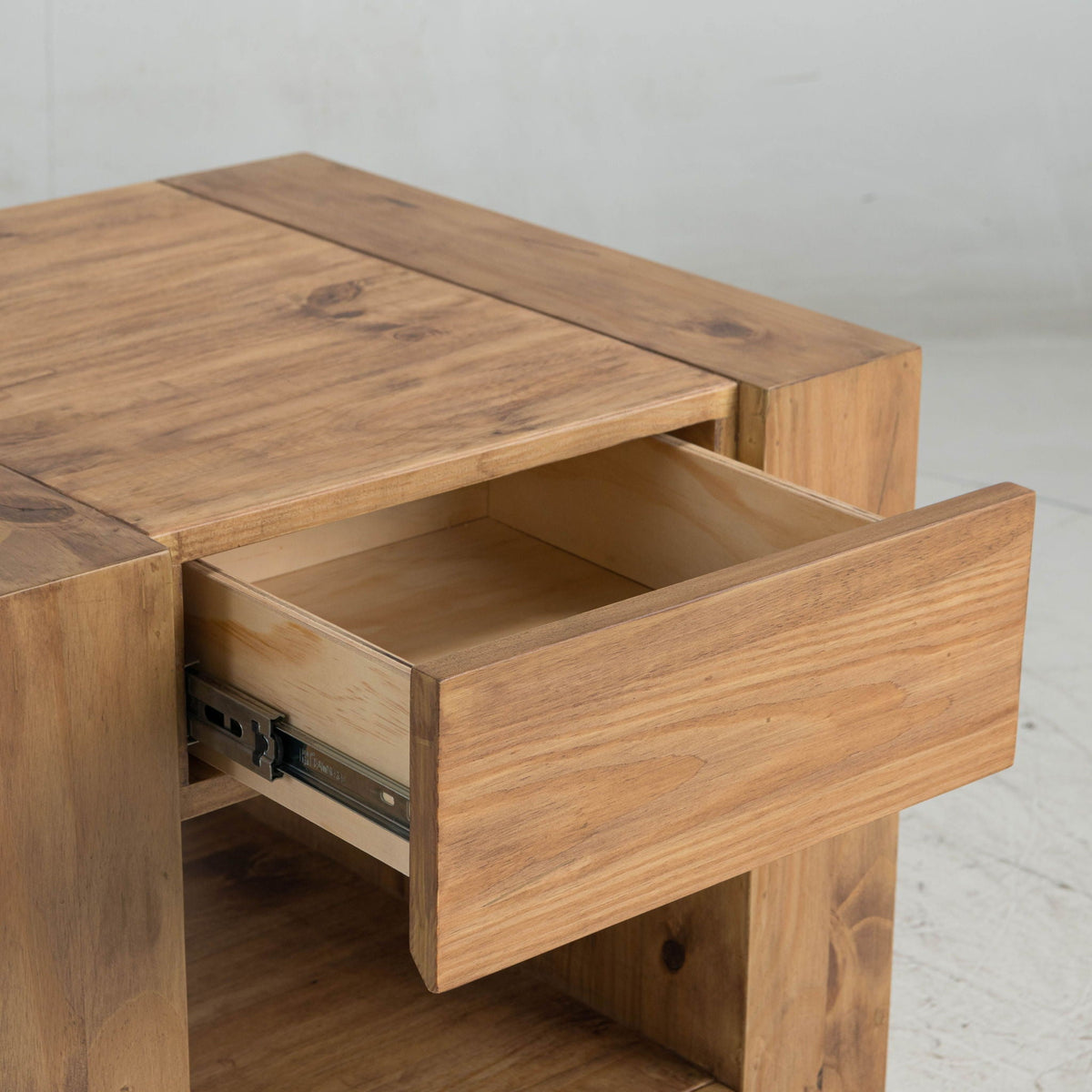 Harlan Oak end table with storage in light brown wood grain; open drawer shows interior on Tampa Home & Garden Store