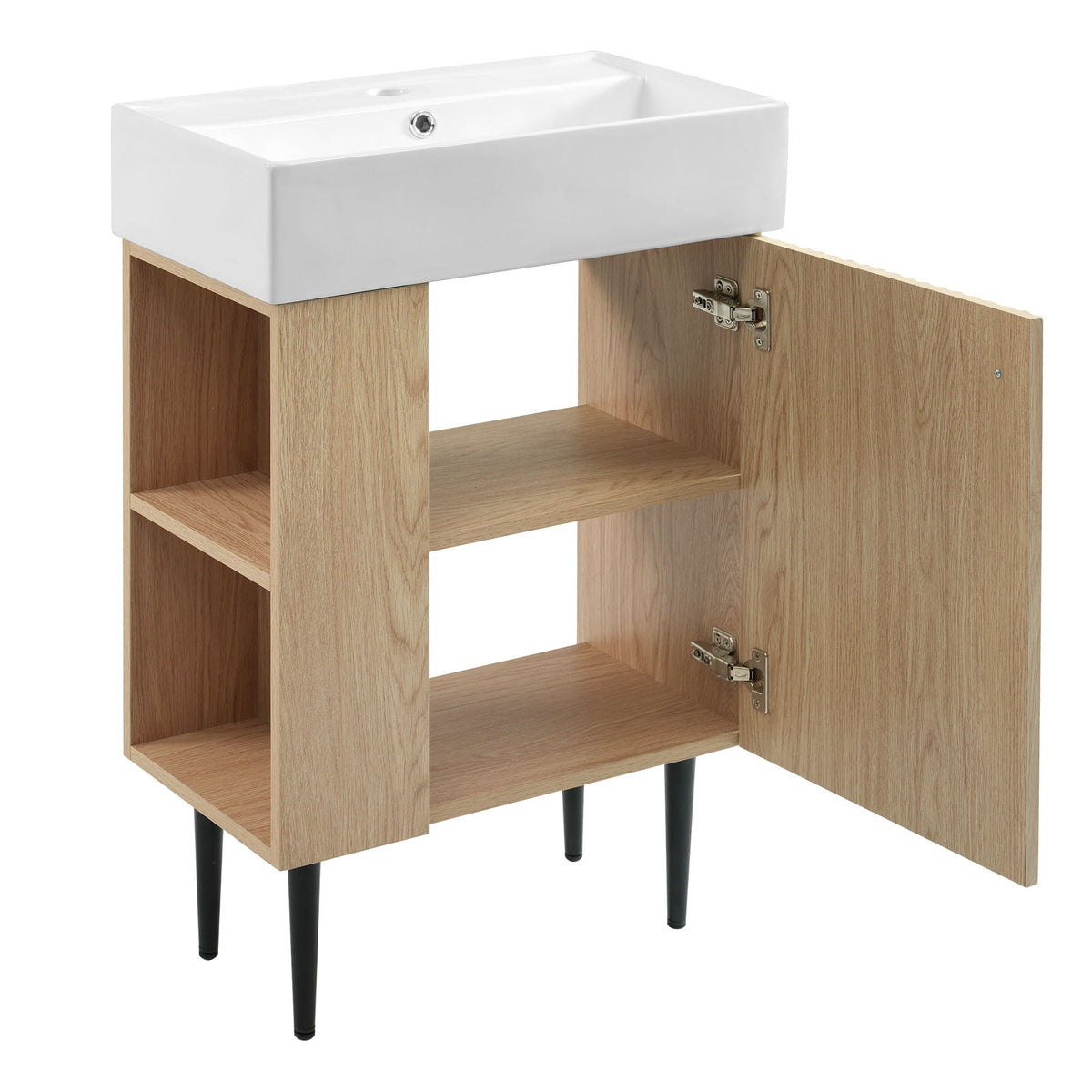 Bathroom vanity with single white ceramic sink atop an oak-finish cabinet with open shelves and a hinged door on Tampa Home & Garden Store