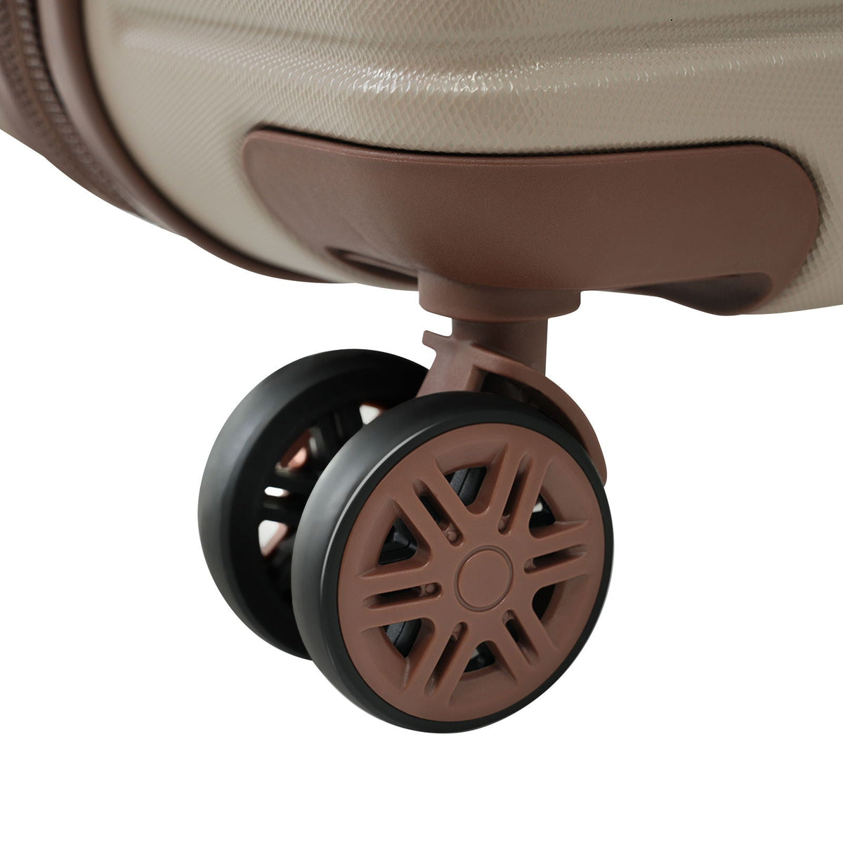 Luggage wheel assembly for brown hard-shell rolling suitcase with brown frame visible on Tampa Home & Garden Store