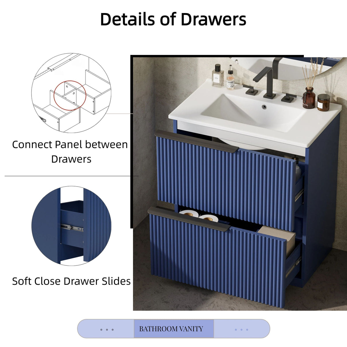 Fluted bathroom vanity with ceramic sink, blue ribbed doors, white top, black faucet on Tampa Home & Garden Store