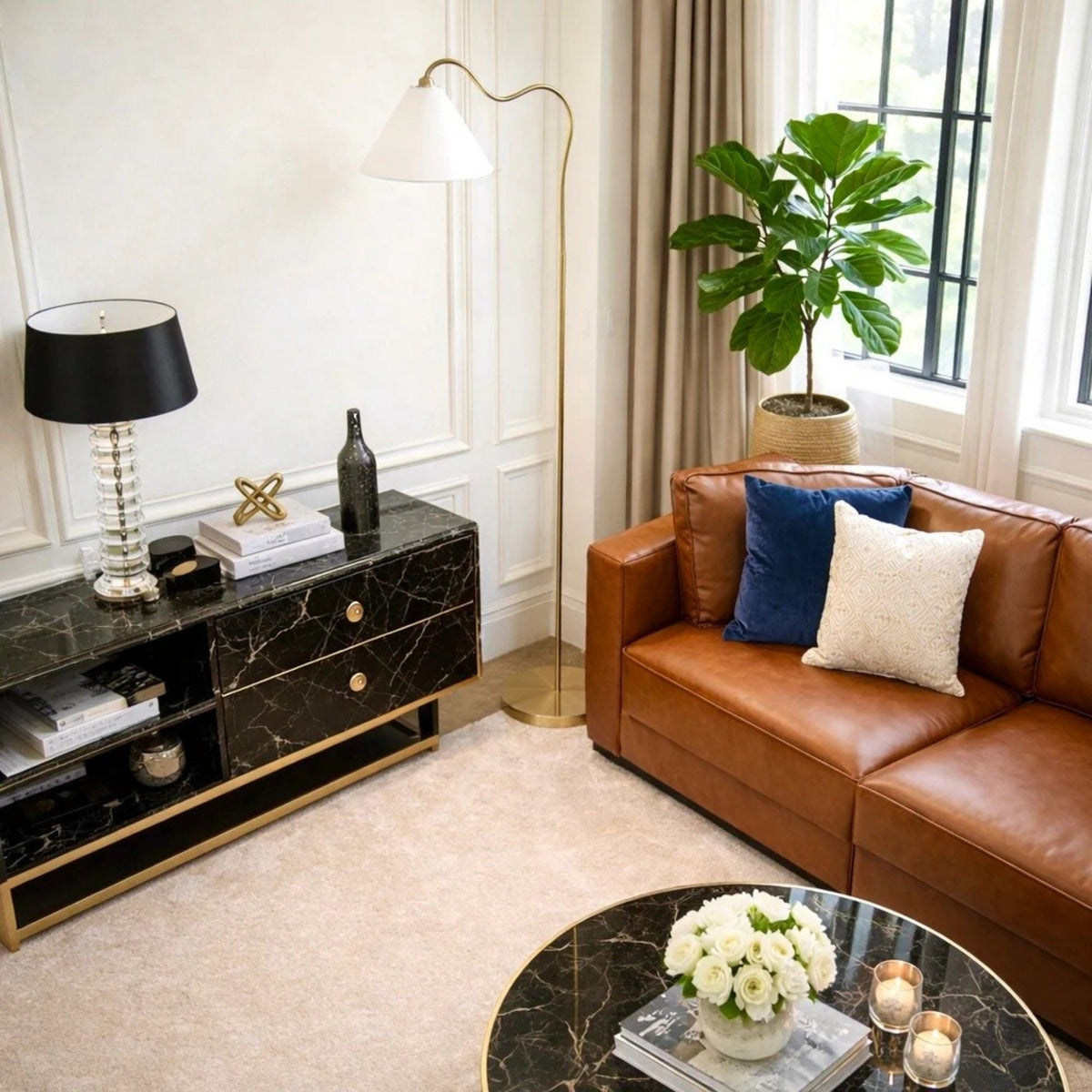 Majestic ring-base curved floor lamp with gold frame and white triangle drum shade on Tampa Home & Garden Store