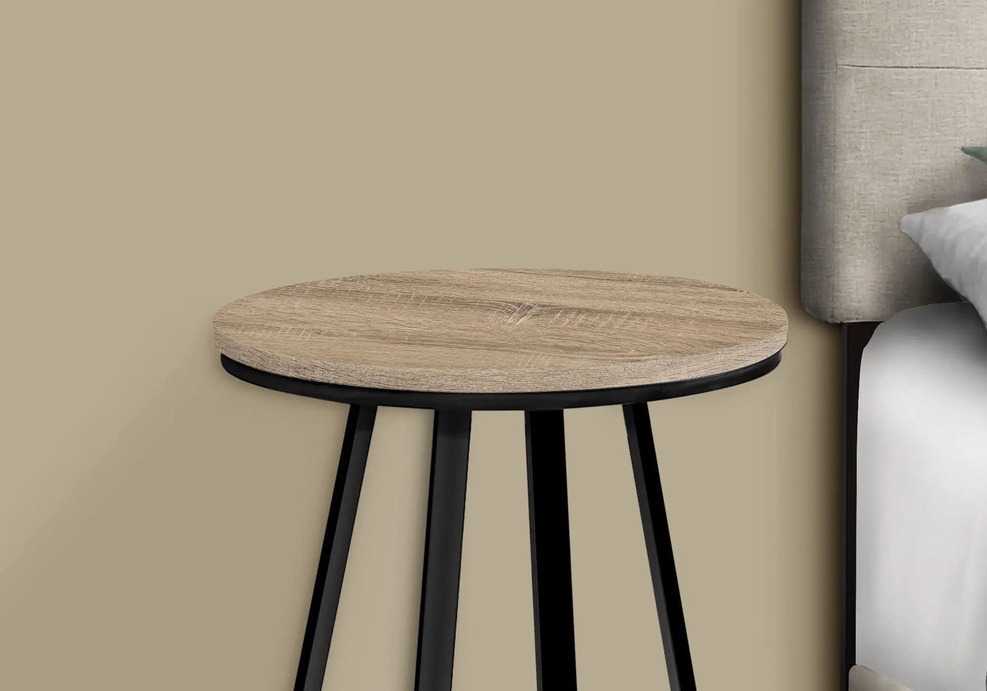 Round wood top accent table with black metal legs, contemporary design by Unique Piece Furniture on Tampa Home & Garden Store