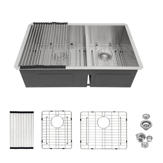 Stainless steel 50/50 double-bowl undermount kitchen sink by HouseOfZazla with draining rack on Tampa Home & Garden Store