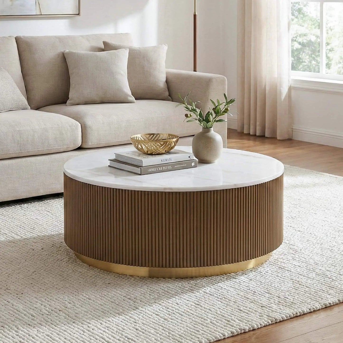 Modern Round Table with Marble Top Gold Accents
