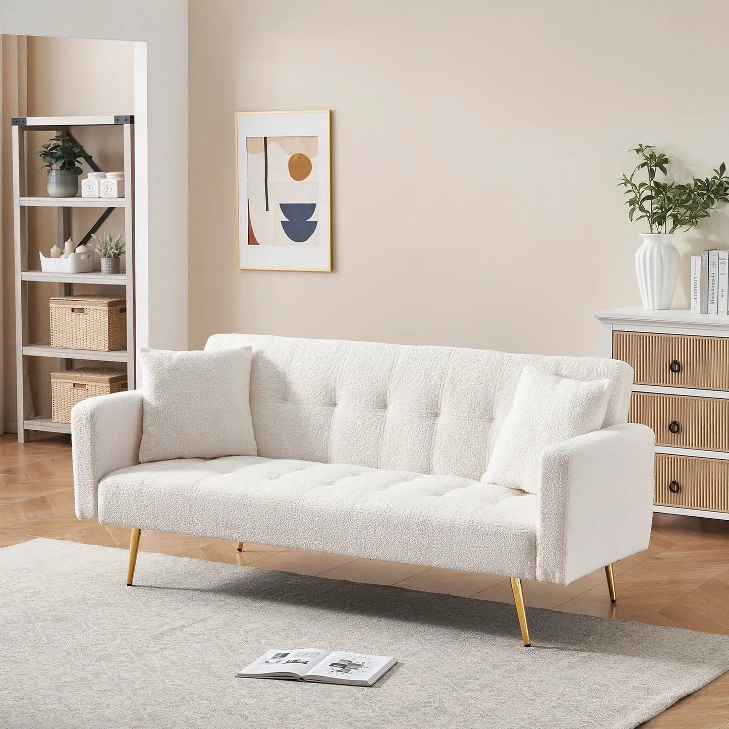 Teddy Fleece Futon Sofa Bed white textured fabric with gold legs and plush throw pillows on Tampa Home & Garden Store