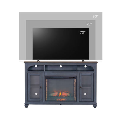 Blue HouseOfZazla fireplace TV stand for 80 in TVs with electric fireplace and glass doors on Tampa Home & Garden Store