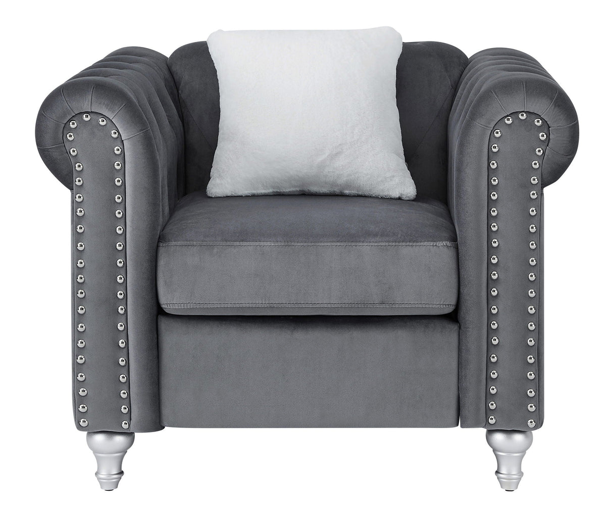 Contemporary lounge chair in dark gray velvet with faux jeweled tufting and studded arms on Tampa Home & Garden Store