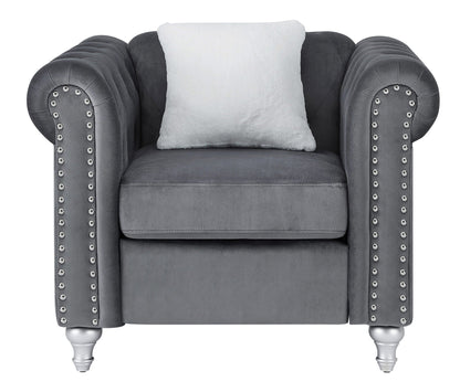 Contemporary lounge chair in dark gray velvet with faux jeweled tufting and studded arms on Tampa Home & Garden Store