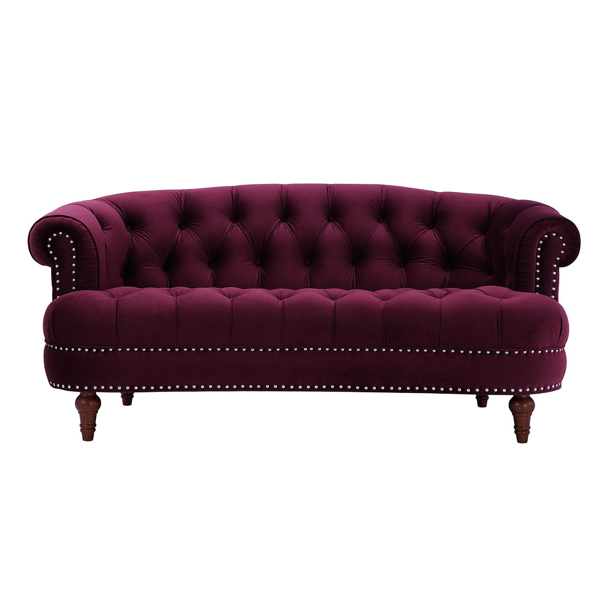 Victorian Chesterfield loveseat in burgundy velvet with tufted back and rolled arms on Tampa Home & Garden Store