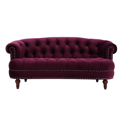 Victorian Chesterfield loveseat in burgundy velvet with tufted back and rolled arms on Tampa Home & Garden Store