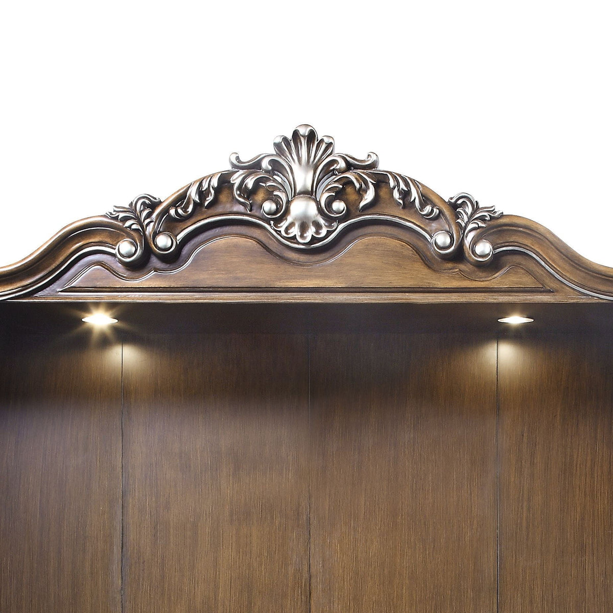 Latisha Entertainment Center Antique Oak with ornate crest in dark wood finish HouseOfZazla on Tampa Home & Garden Store
