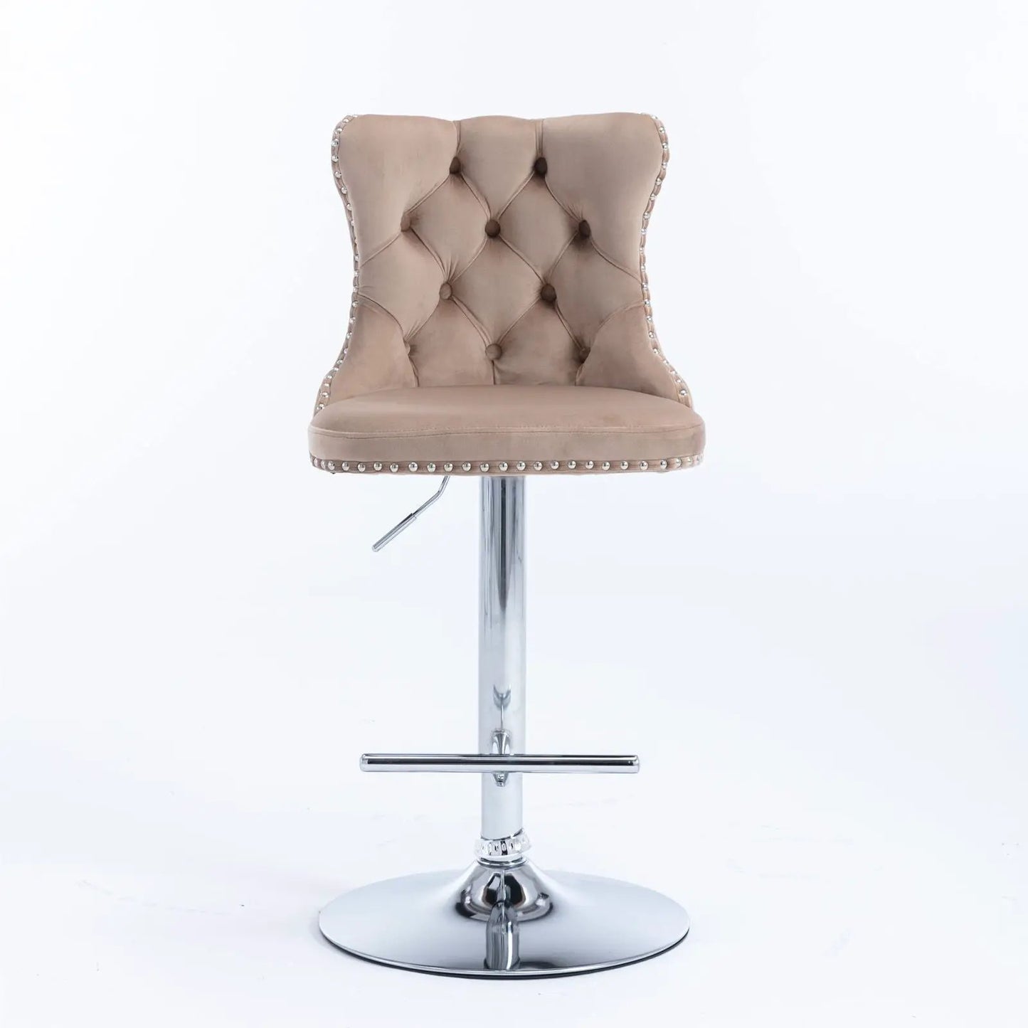 Beige tufted swivel bar stool with back, chrome base, adjustable height, nailhead trim on Tampa Home & Garden Store