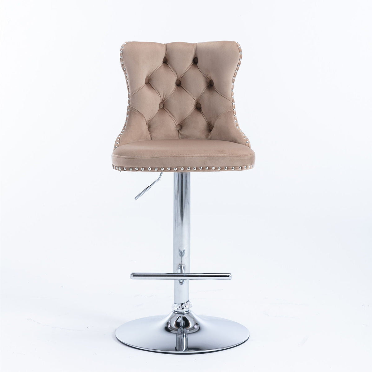 Beige tufted swivel adjustable-height barstool with chrome pedestal base nailhead trim HouseOfZazla on Tampa Home & Garden Store