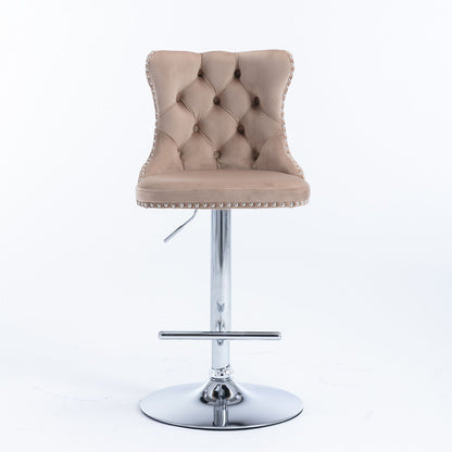 Beige tufted swivel adjustable-height barstool with chrome pedestal base nailhead trim HouseOfZazla on Tampa Home & Garden Store