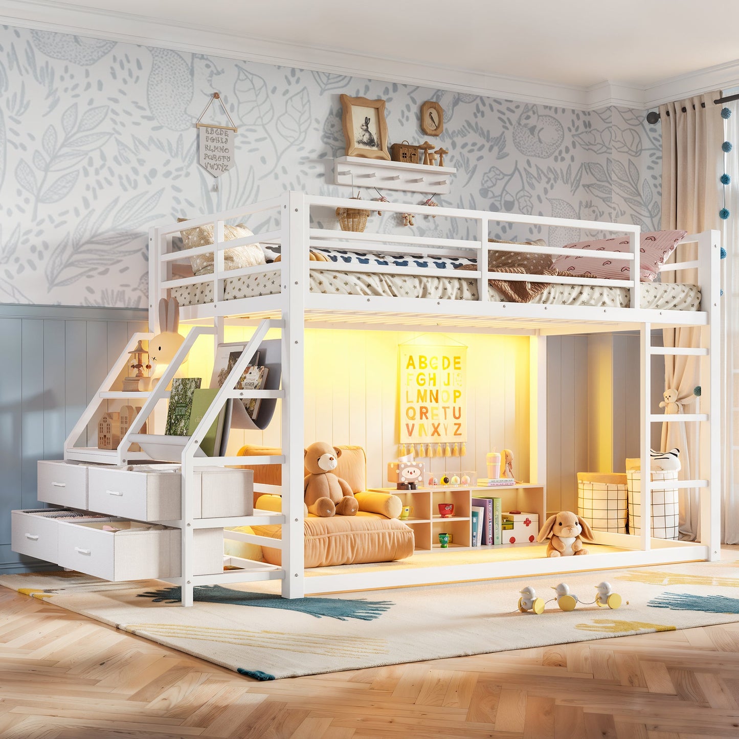 Twin Over Twin bunk bed with storage shelves and drawers, white finish, HouseOfZazla on Tampa Home & Garden Store