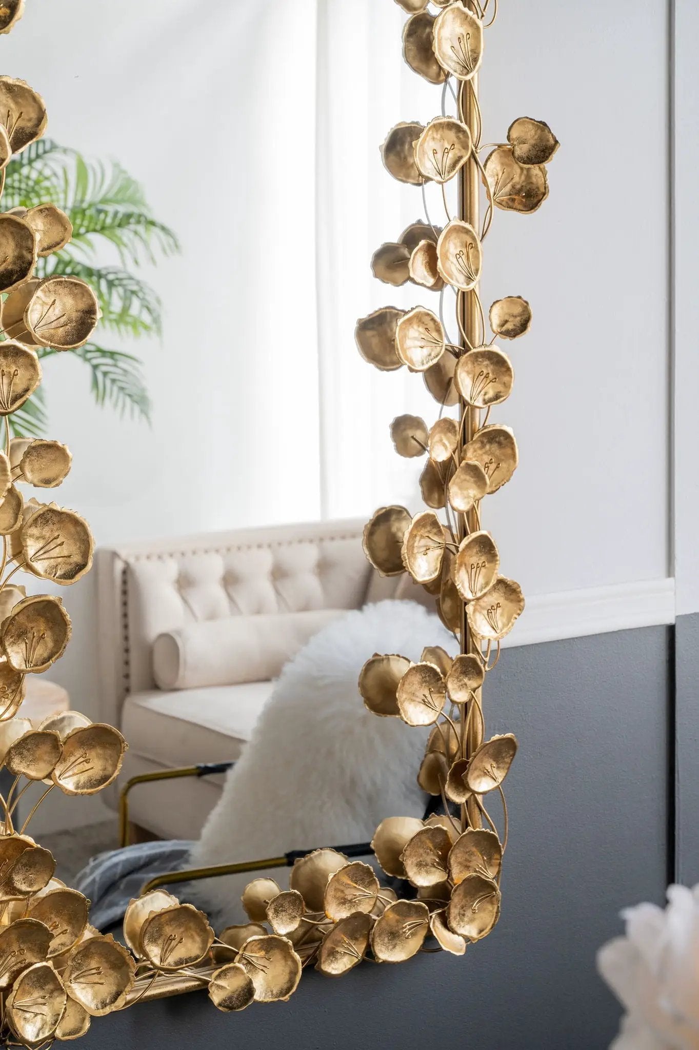 Floor mirror with gold leaf accents and metal leaf garland by Unique Piece Furniture on Tampa Home & Garden Store