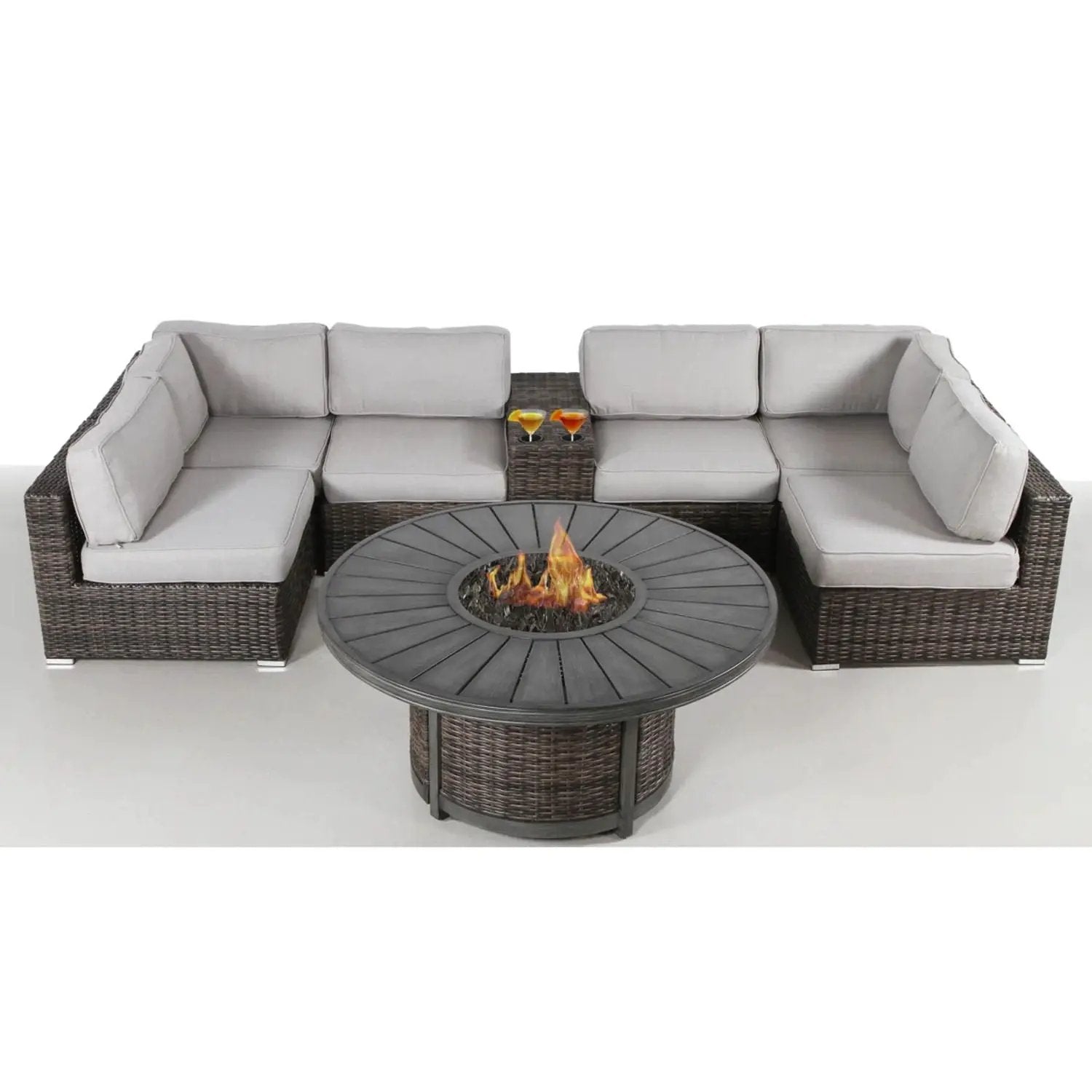 All Weather 4-Person patio sofa set with fire pit and side table, brown wicker, gray cushions on Tampa Home & Garden Store