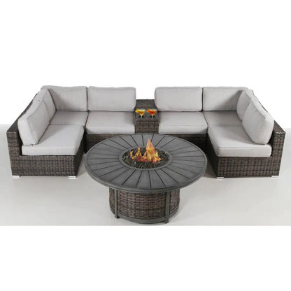 All Weather 4-Person patio sofa set with fire pit and side table, brown wicker, gray cushions on Tampa Home & Garden Store
