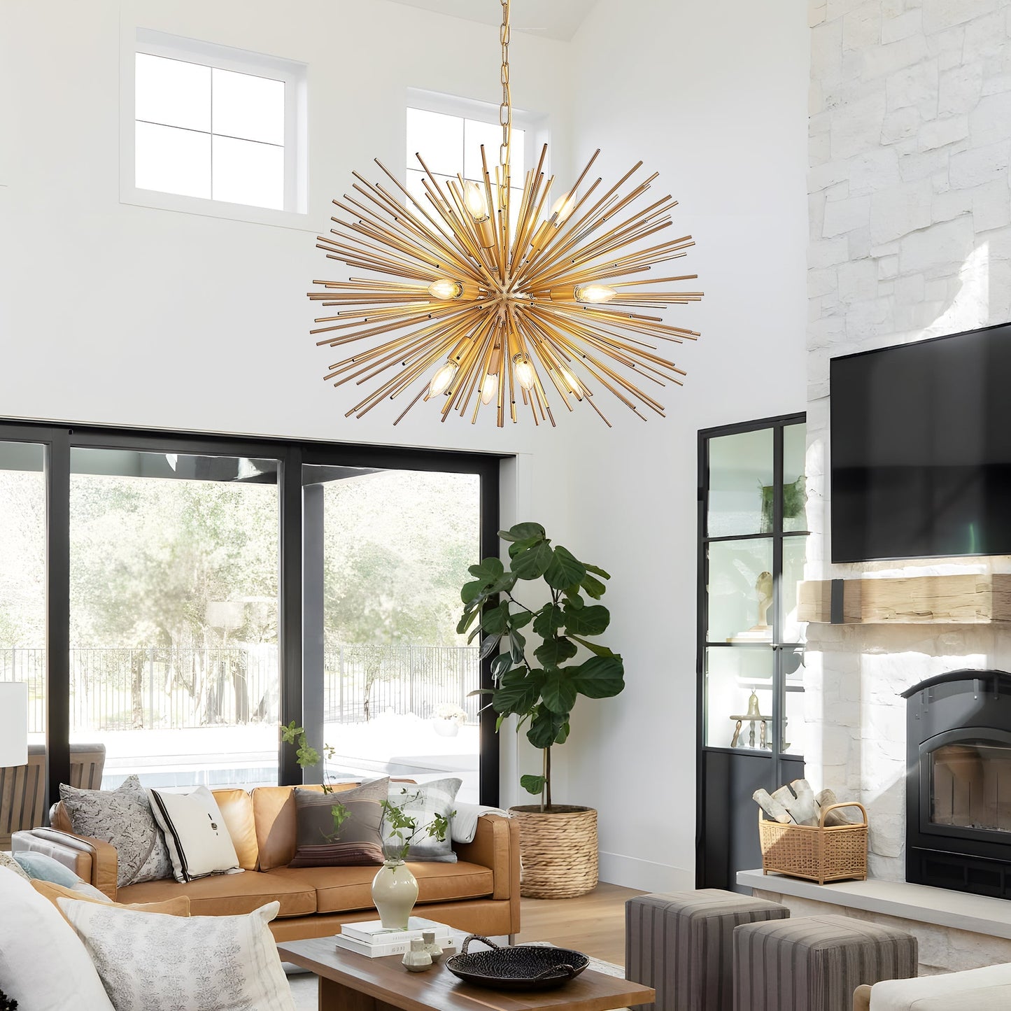 29-inch mid-century modern 12-light starburst chandelier in gold hanging from chain HouseOfZazla on Tampa Home & Garden Store