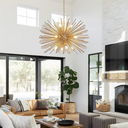 29-inch mid-century modern 12-light starburst chandelier in gold hanging from chain HouseOfZazla on Tampa Home & Garden Store
