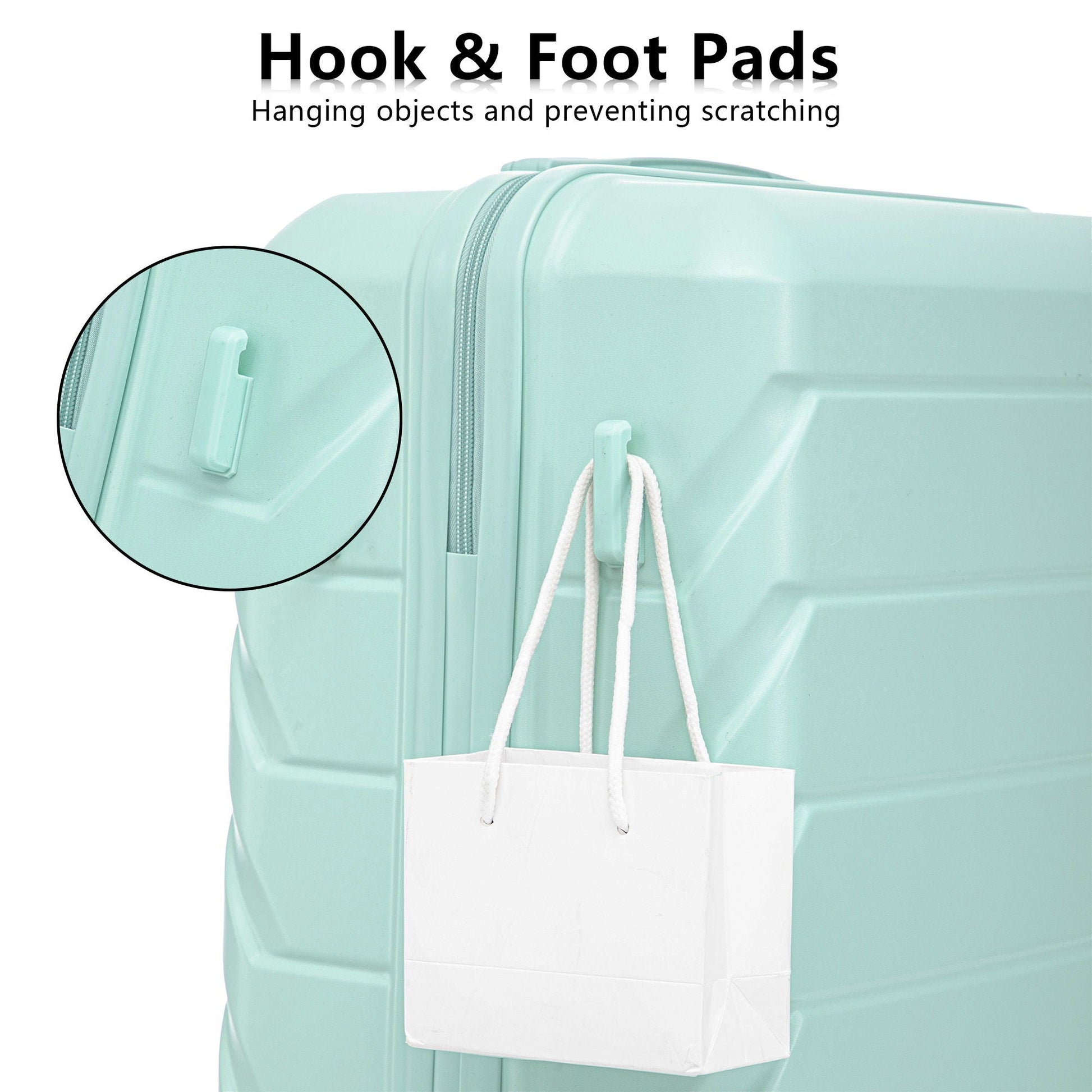 Spinner wheel luggage by HouseOfZazla mint green with white rope-handled shopping bag on Tampa Home & Garden Store