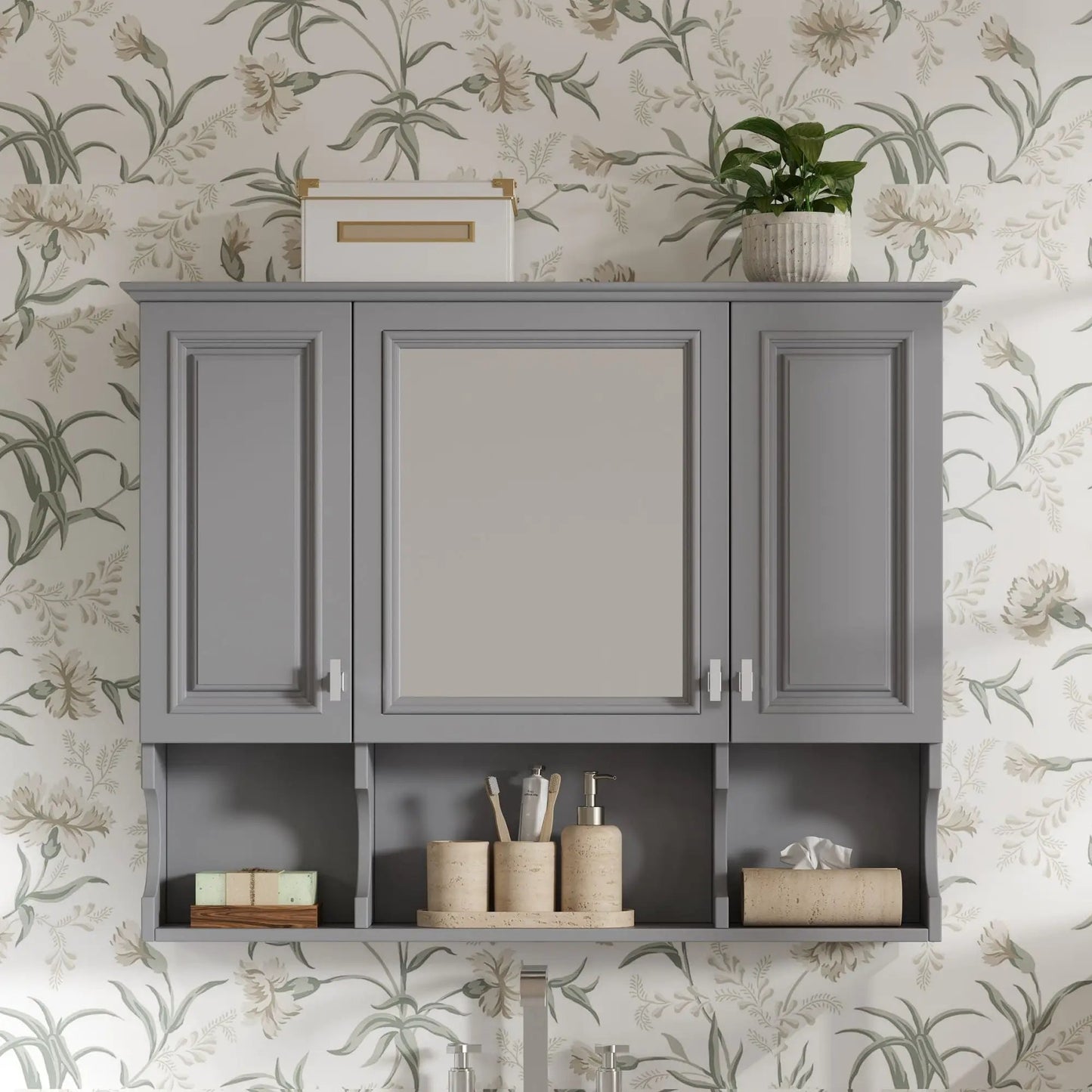 Wall mounted bathroom medicine cabinet with mirror and open shelves in gray finish on Tampa Home & Garden Store