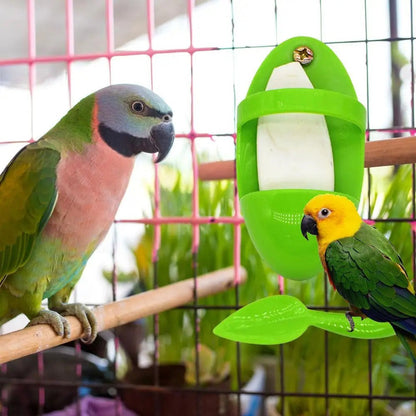 Parrot food rack Bird Cuttlefish Skeleton Food Box in bright green cage feeder with two parrots on Tampa Home & Garden Store