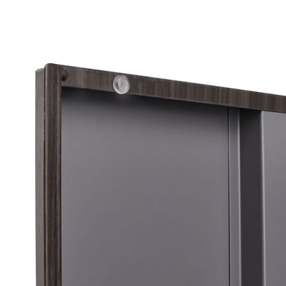 Metal storage cabinet top edge in dark wood grain with clear round bumper on Tampa Home & Garden Store