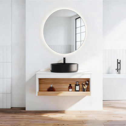 Floating Bathroom Vanity With Glossy Round Black Vessel Sink on cabinet by Unique Piece Furniture on Tampa Home & Garden Store
