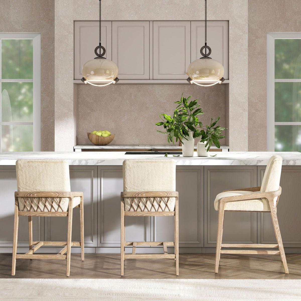 Solid ash upholstered counter height stools with rope detail in creme white, set of 4 on Tampa Home & Garden Store