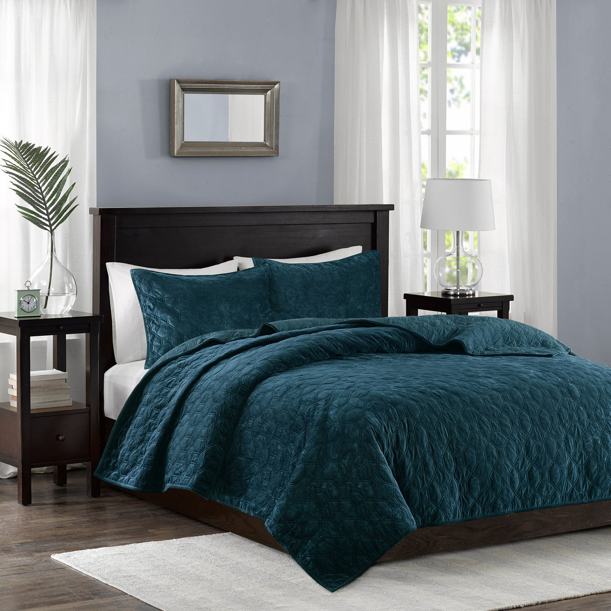 Teal velvet quilt set King/Cal King with geometric quilting, 3-piece by HouseOfZazla on Tampa Home & Garden Store
