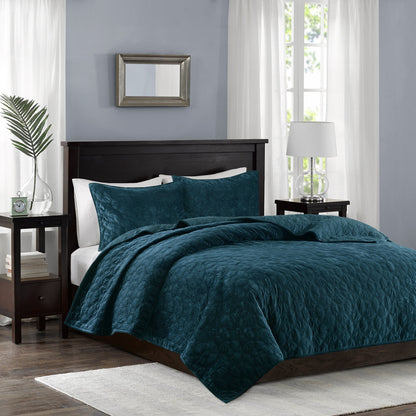 Teal velvet quilt set King/Cal King with geometric quilting, 3-piece by HouseOfZazla on Tampa Home & Garden Store