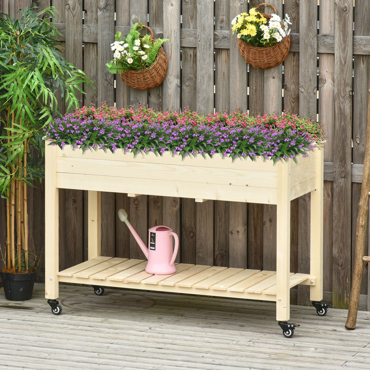 Outsunny raised garden bed on wheels with lower storage shelf in natural wood finish on Tampa Home & Garden Store