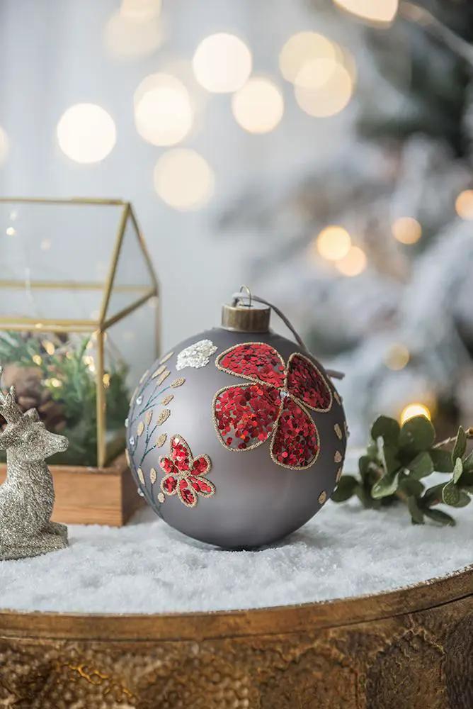 Glass hanging ball ornament gray matte with red glitter floral designs Unique Piece Furniture on Tampa Home & Garden Store