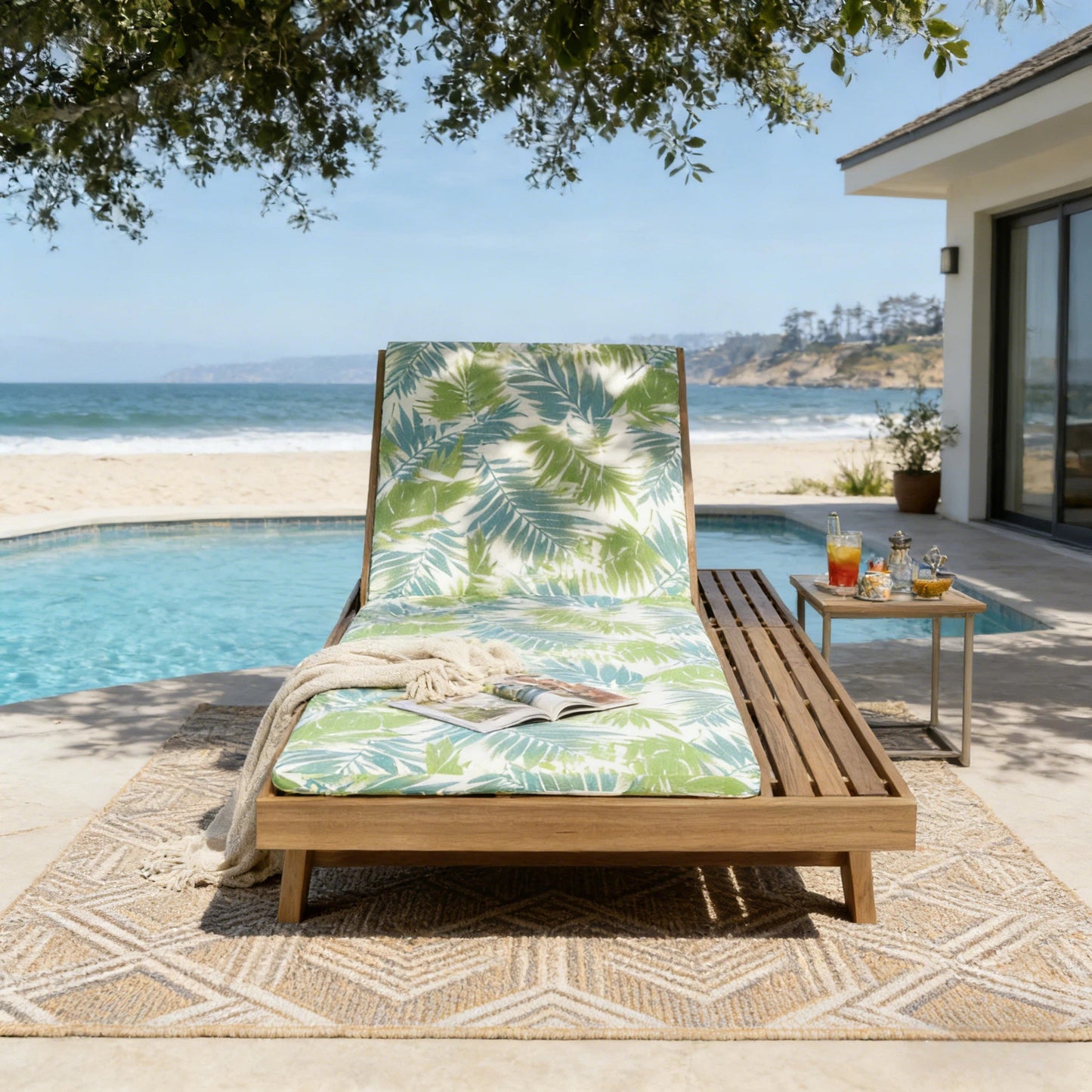 Lounge chaise set in light brown acacia with Leaf Coconut cushions water-resistant 2in thick on Tampa Home & Garden Store