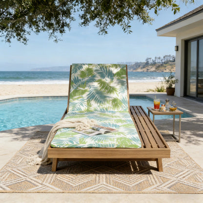 Lounge chaise set in light brown acacia with Leaf Coconut cushions water-resistant 2in thick on Tampa Home & Garden Store