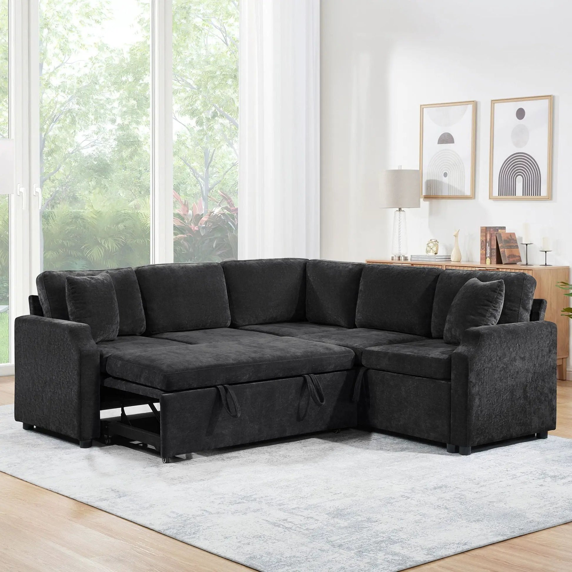 Modern L-shaped sleeper sectional in dark charcoal upholstery with hidden storage on Tampa Home & Garden Store