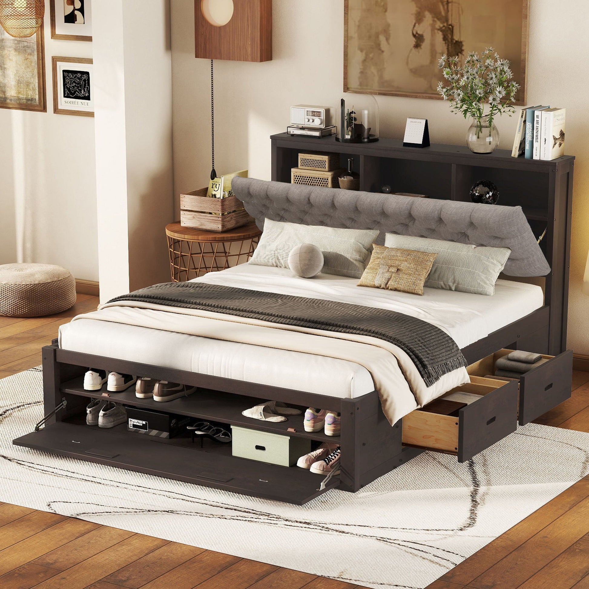 Platform bed with espresso finish, storage headboard, shoe rack and 4 drawers by HouseOfZazla on Tampa Home & Garden Store