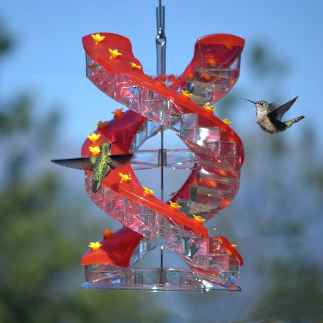 Climbing Ladder Spiral Hummingbird Feeder with red spirals and yellow accents; 2 hummingbirds on Tampa Home & Garden Store