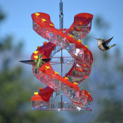 Climbing Ladder Spiral Hummingbird Feeder with red spirals and yellow accents; 2 hummingbirds on Tampa Home & Garden Store